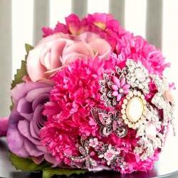 Pink Brooch Bouquet with vintage brooches, lavander, magenta and pink flowers